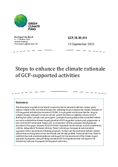 Document cover for Steps to enhance the climate rationale of GCF-supported activities