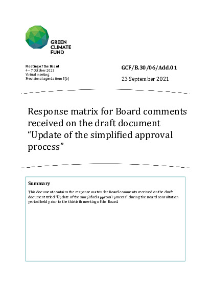 Document cover for Response matrix for Board comments received on the draft document “Update of the simplified approval process”