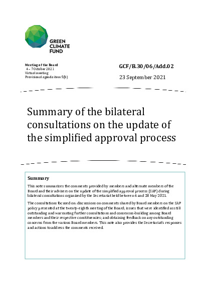 Document cover for Summary of the bilateral consultations on the update of the simplified approval process