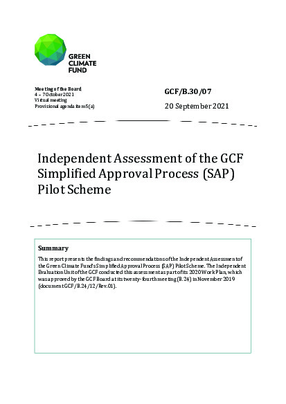 Document cover for Independent Assessment of the GCF  Simplified Approval Process (SAP)  Pilot Scheme
