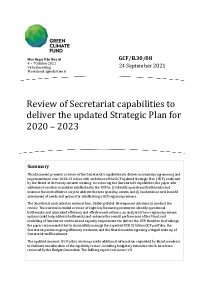 Document cover for Review of Secretariat capabilities to deliver the updated Strategic Plan for 2020 – 2023