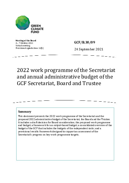 Document cover for 2022 work programme of the Secretariat  and annual administrative budget of the GCF Secretariat, Board and Trustee