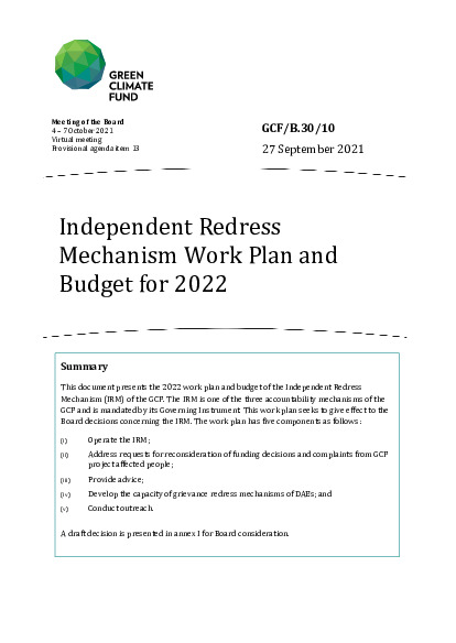 Document cover for Independent Redress Mechanism Work Plan and Budget for 2022