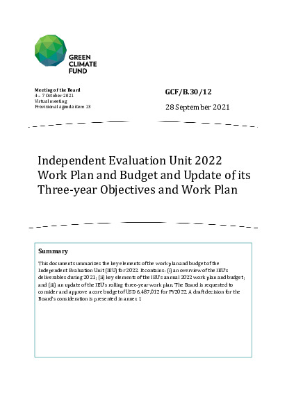 Document cover for Independent Evaluation Unit 2022 Work Plan and Budget and Update of its Three-year Objectives and Work Plan