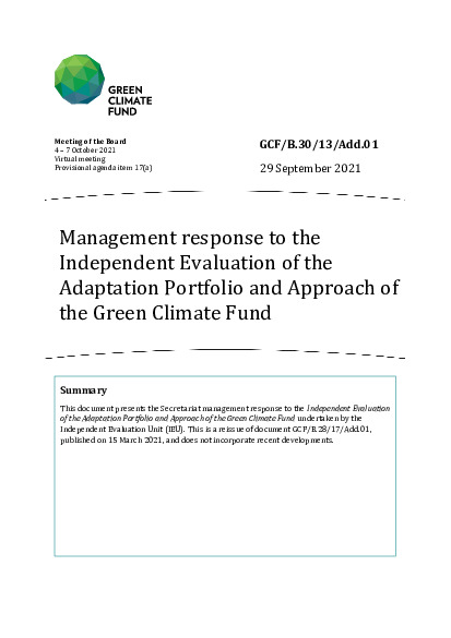 Document cover for Management response to the Independent Evaluation of the Adaptation Portfolio and Approach of the Green Climate Fund