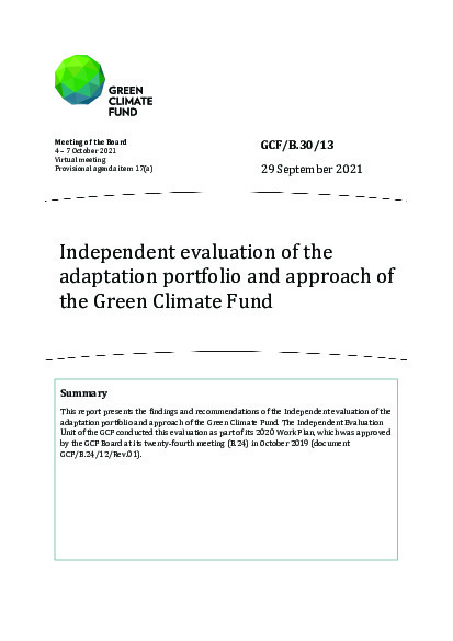 Document cover for Independent evaluation of the adaptation portfolio and approach of the Green Climate Fund