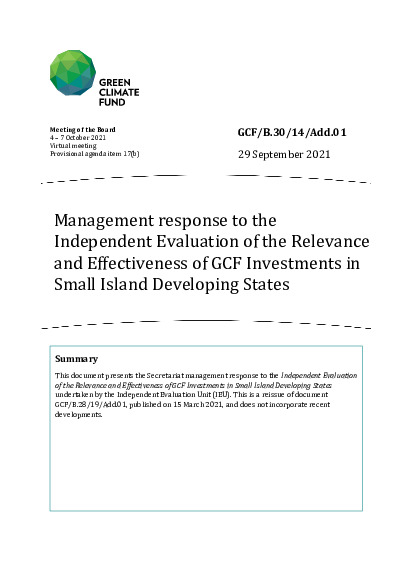 Document cover for Management response to the Independent Evaluation of the Relevance and Effectiveness of GCF Investments in Small Island Developing States