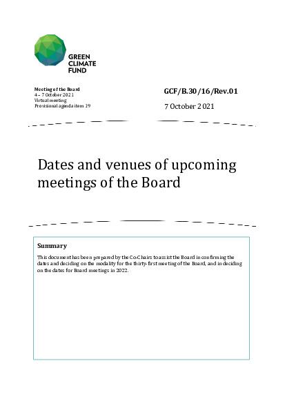 Document cover for Dates and venues of upcoming meetings of the Board