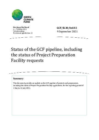 Document cover for Status of the GCF pipeline, including  the status of Project Preparation Facility requests