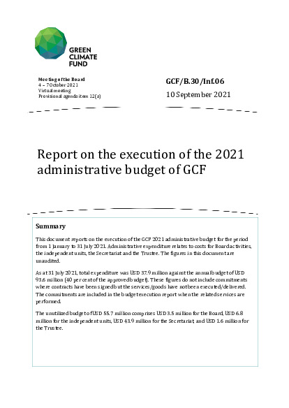 Document cover for Report on the execution of the 2021 administrative budget of GCF