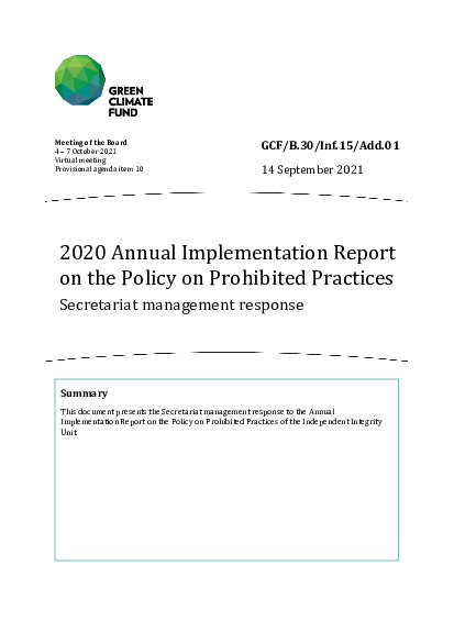 Document cover for 2020 Annual Implementation Report on the Policy on Prohibited Practices - Secretariat management response