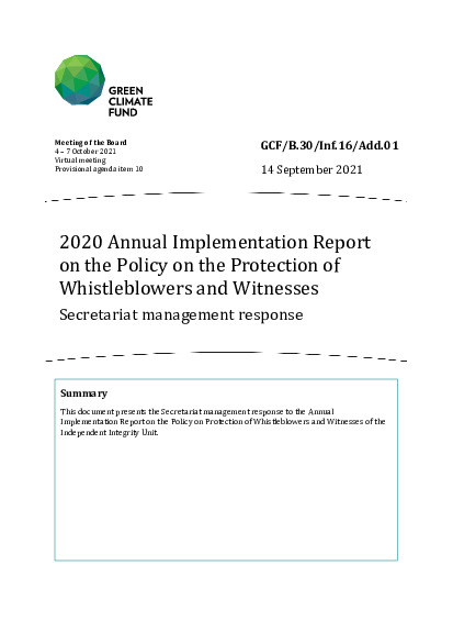 Document cover for 2020 Annual Implementation Report on the Policy on the Protection of Whistleblowers and Witnesses - Secretariat management response