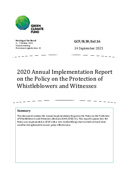 Document cover for 2020 Annual Implementation Report on the Policy on the Protection of Whistleblowers and Witnesses