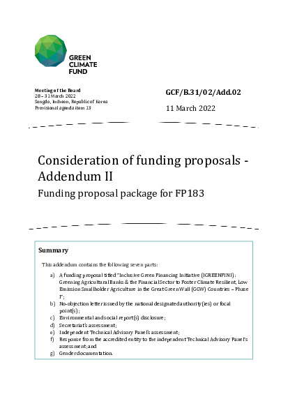 Document cover for Consideration of funding proposals - Addendum II Funding proposal package for FP183