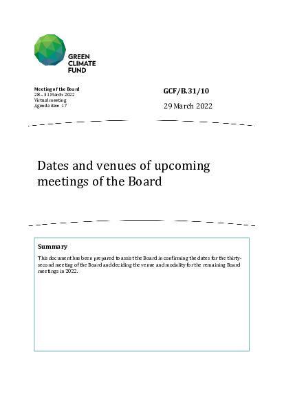 Document cover for Dates and venues of upcoming meetings of the Board