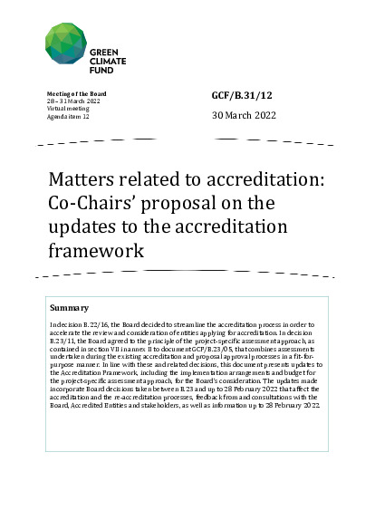Document cover for Matters related to accreditation: Co-Chairs’ proposal on the updates to the accreditation framework