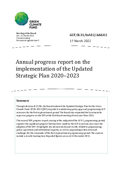 Document cover for Annual progress report on the implementation of the Updated Strategic Plan 2020–2023