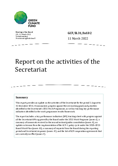 Document cover for Report on the activities of the Secretariat 