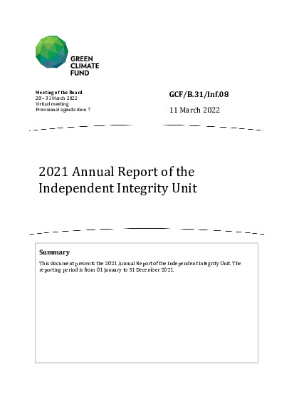 Document cover for 2021 Annual Report of the Independent Integrity Unit
