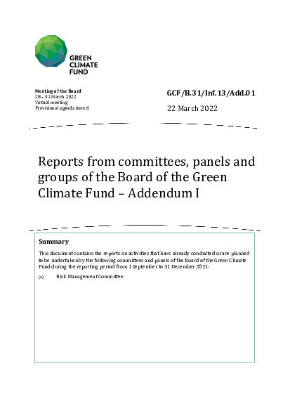 Document cover for Reports from committees, panels and groups of the Board of the Green Climate Fund – Addendum I 
