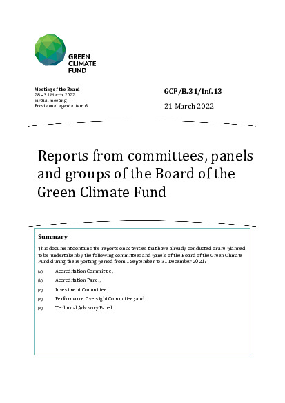 Document cover for Reports from committees, panels and groups of the Board of the Green Climate Fund