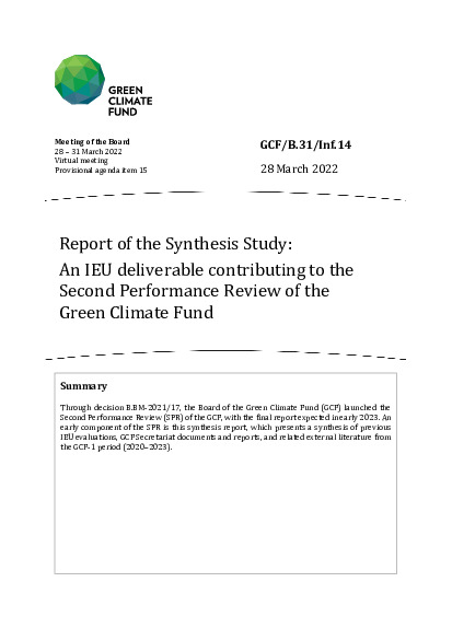 Document cover for Report of the Synthesis Study: An IEU deliverable contributing to the Second Performance Review of the Green Climate Fund