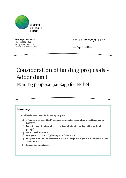 Document cover for Consideration of funding proposals - Addendum I Funding proposal package for FP184