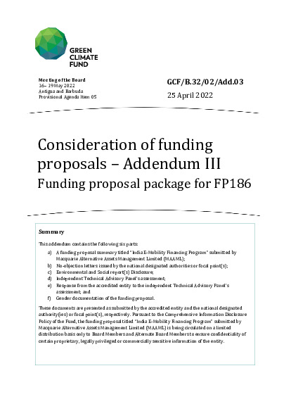 Document cover for Consideration of funding proposals – Addendum III Funding proposal package for FP186