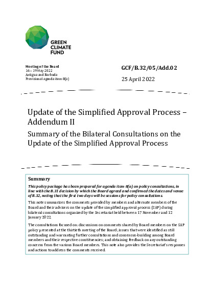 Document cover for Update of the Simplified Approval Process – Addendum II Summary of the Bilateral Consultations on the Update of the Simplified Approval Process