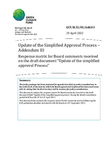 Document cover for Update of the Simplified Approval Process – Addendum III Response matrix for Board comments received on the draft document “Update of the simplified approval Process”