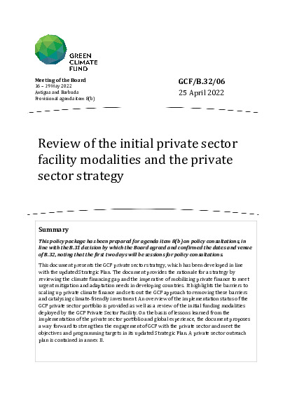 Document cover for Review of the initial private sector facility modalities and the private sector strategy