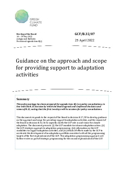 Document cover for Guidance on the approach and scope for providing support to adaptation activities