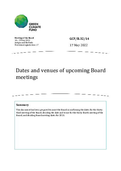 Document cover for Dates and venues of upcoming Board meetings 