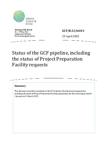 Document cover for Status of the GCF pipeline, including the status of Project Preparation Facility requests