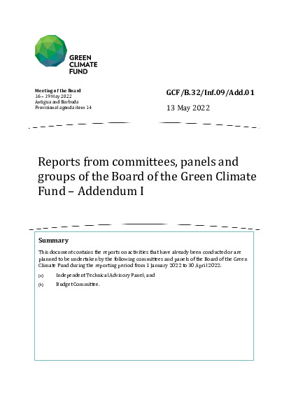 Download Reports from committees, panels and groups of the Board of the Green Climate Fund – Addendum I Document cover for Reports from committees, panels and groups of the Board of the Green Climate Fund – Addendum I