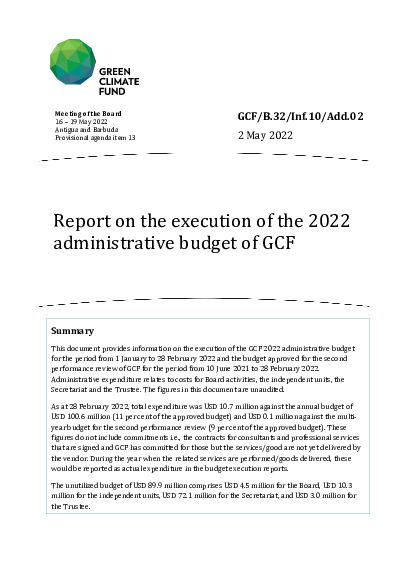 Document cover for Report on the execution of the 2022 administrative budget of GCF