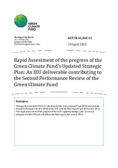 Download Rapid Assessment of the progress of the Green Climate Fund’s Updated Strategic Plan: An IEU deliverable contributing to the Second Performance Review of the Green Climate Fund Document cover for Rapid Assessment of the progress of the Green Climate Fund’s Updated Strategic Plan: An IEU deliverable contributing to the Second Performance Review of the Green Climate Fund
