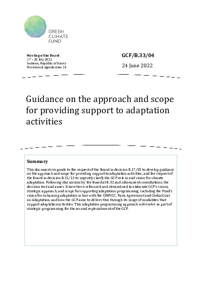 Document cover for Guidance on the approach and scope for providing support to adaptation activities