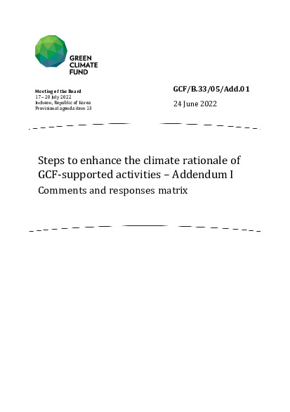 Document cover for Steps to enhance the climate rationale of GCF-supported activities – Addendum I : Comments and responses matrix