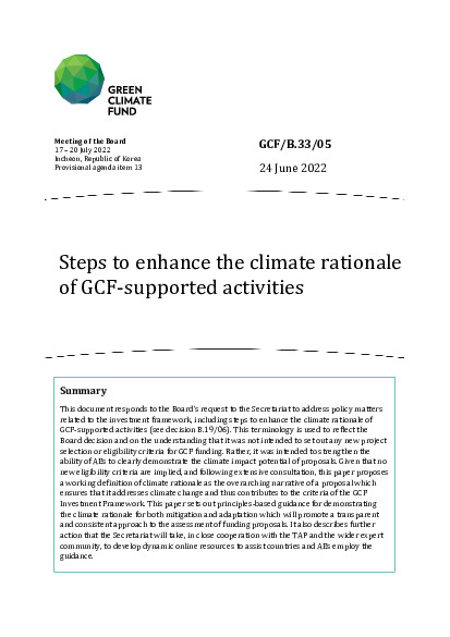 Document cover for Steps to enhance the climate rationale of GCF-supported activities