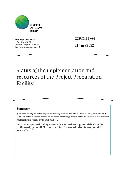 Document cover for Status of the implementation and resources of the Project Preparation Facility