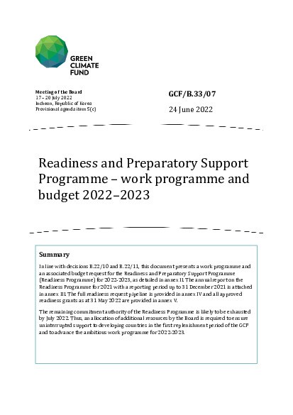 Document cover for Readiness and Preparatory Support Programme – work programme and budget 2022–2023