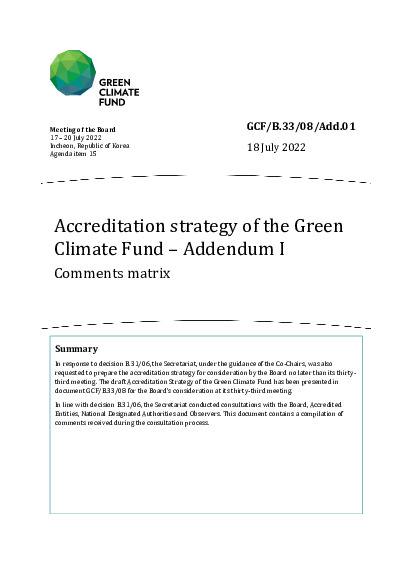 Document cover for Accreditation strategy of the Green Climate Fund – Addendum I: Comments matrix