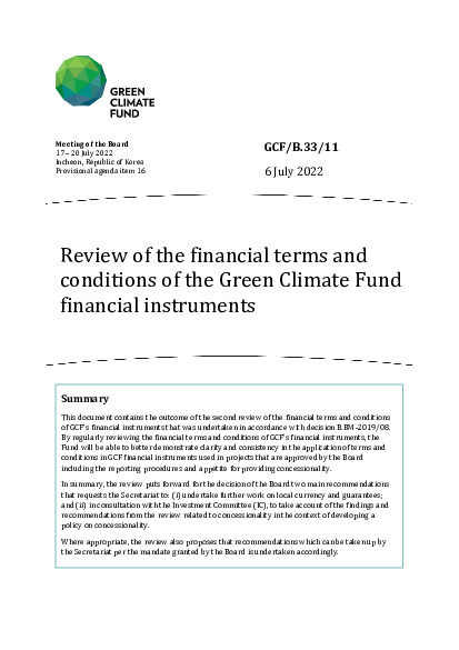 Download Review of the financial terms and conditions of the Green Climate Fund financial instruments Document cover for Review of the financial terms and conditions of the Green Climate Fund financial instruments