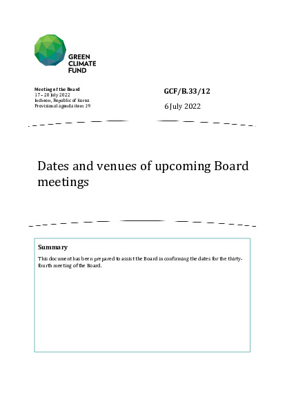 Document cover for Dates and venues of upcoming Board  meetings