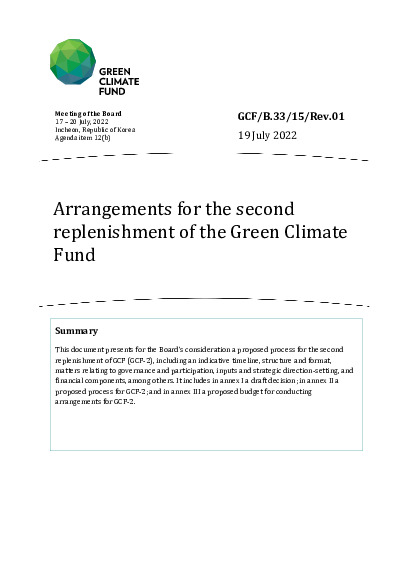 Download Arrangements for the second replenishment of the Green Climate Fund Document cover for Arrangements for the second replenishment of the Green Climate Fund