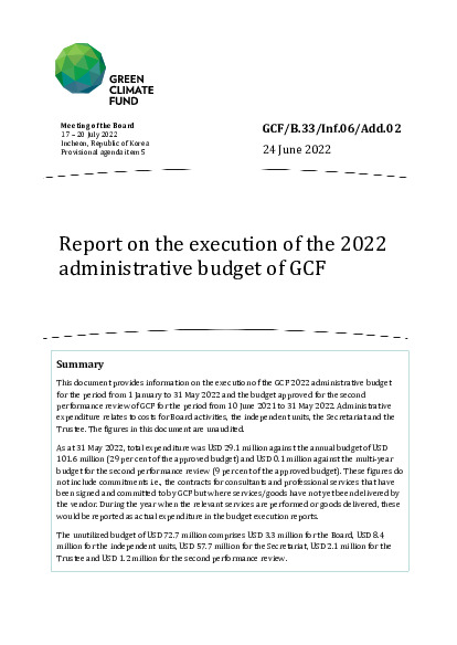 Document cover for Report on the execution of the 2022 administrative budget of GCF