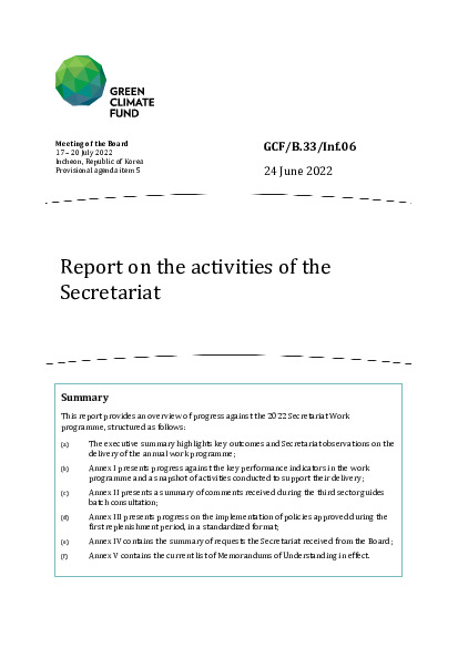 Document cover for Report on the activities of the Secretariat