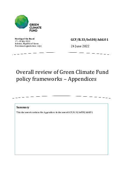 Download Overall review of Green Climate Fund policy frameworks – Appendices Document cover for Overall review of Green Climate Fund policy frameworks – Appendices