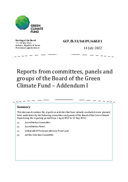 Document cover for Reports from committees, panels and  groups of the Board of the Green  Climate Fund – Addendum I